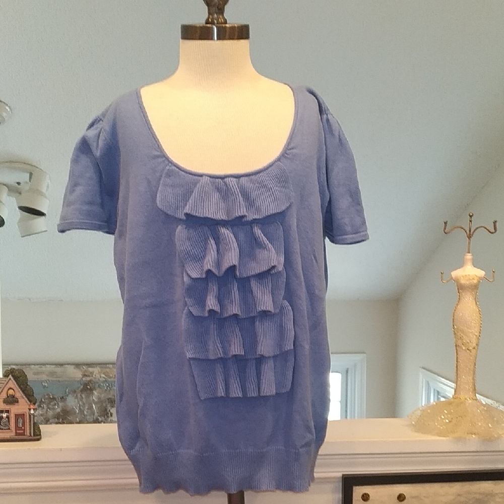 Blue Ruffle Scoop Neck Knit Sweater Top